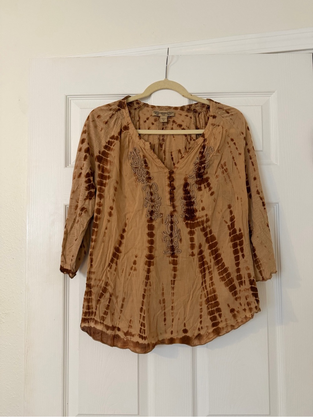 Vintage America Tan and Brown Tie-Dye V-Neck Peasant Blouse